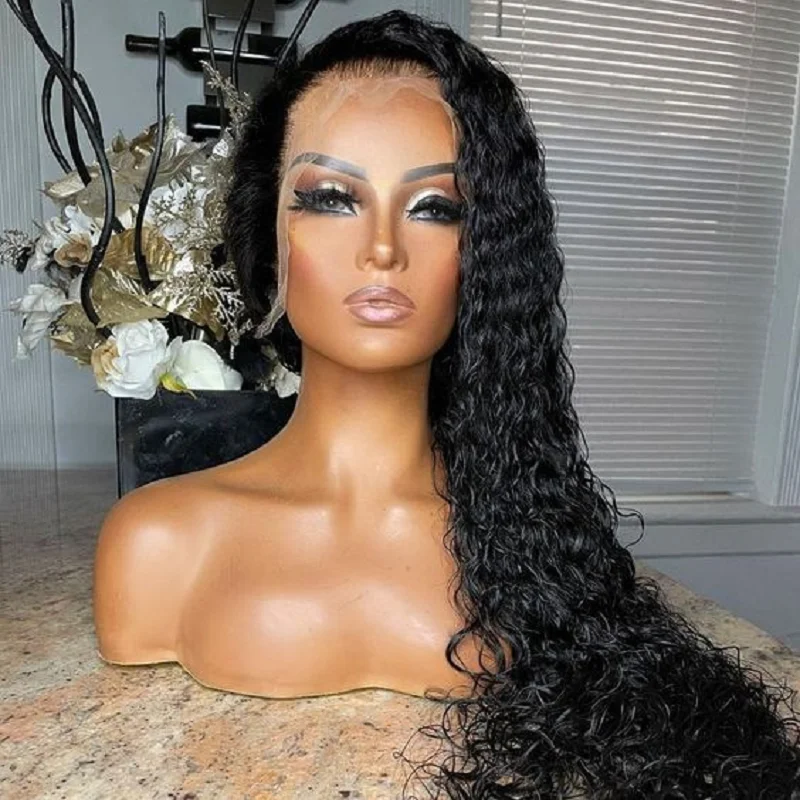 26 дюймов мягкий безклеевой длинный кудрявый 180 плотность черный парик на сетке