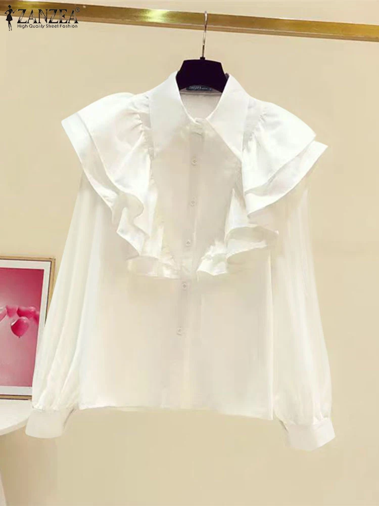 Белая рубашка ZANZEA в Корейском стиле с отложным воротником и оборками женские