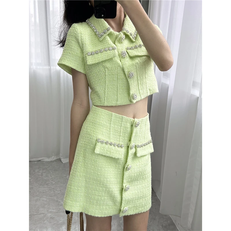 

Elegant Woven Tweed Rhinestone Green White Short Sleeve Crop Top Mini Skirt Sets Summer Lady Korean New 2023 2 Piece Suits