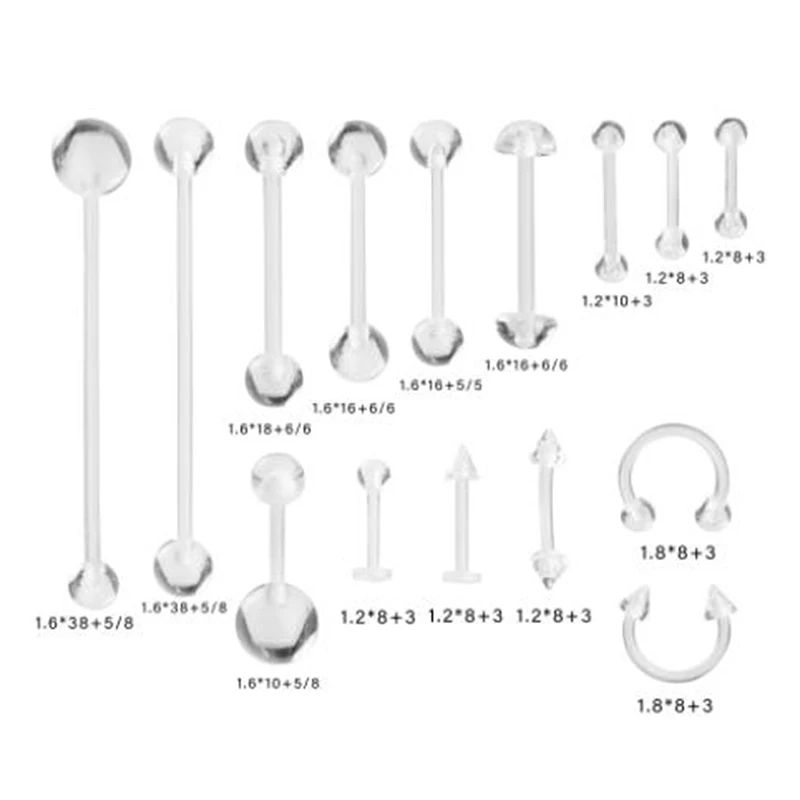 

15Pcs Mixed Bioplast Flexible PTFE Belly Ring Earring Lip Ring Horseshoe Tongue Barbell Nipple Bar Fashion Body Piercing Jewelry