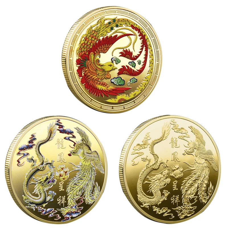 

Chinese Golden Silver Dragon Coins Lucky Phoenix Commemorative Gold Coin Embossed Collectible Medal Souvenirs Gifts