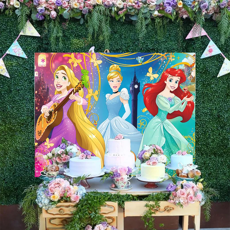 

Disney Princess Cinderella Tangled Rapunzel The Little Mermaid Ariel Backdrop Happy Birthday Party Cartoon Decoration Background