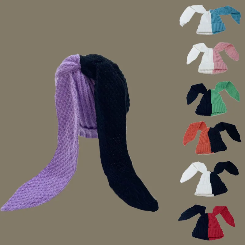 

Новая цветная вязаная шапка с длинными ушками, сезон осень-зима, Корейская двухцветная комбинированная Шапка-бини Y2k, Теплая Шапка-бини с кроличьими ушками, Кепка