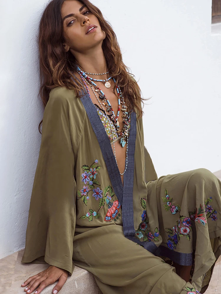 Fitshinling Flowers Embroidery Beach Kimono Holiday Army Green Vintage Swimwear Cover-Ups Long Sleeve Autumn 2022 Outer Cover