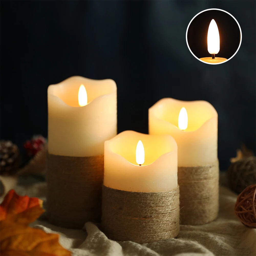 

3Pcs Wax Flameless Candles Hemp Rope Candles with Wick 3D Effect LED Candles Tea Lights for Home Decoration Wedding Party