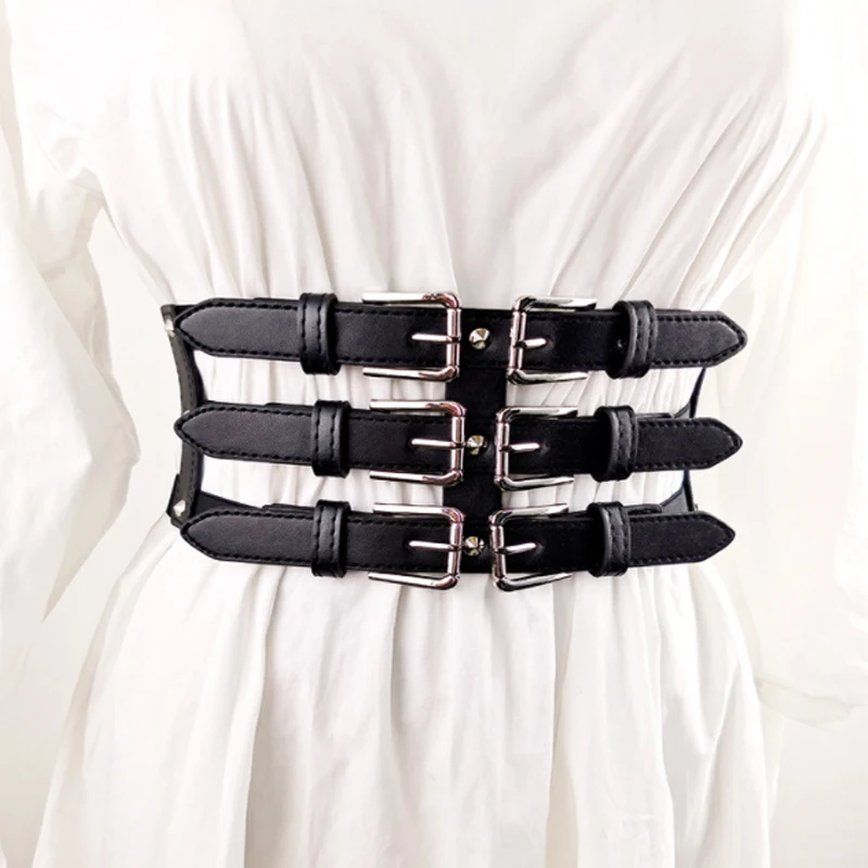 

Women Elastic Belt Wrap Waist Slimming Corset Self Tie 3 Straps Soft Faux Leather Black Punk Belts Dress Accessories for Ladies