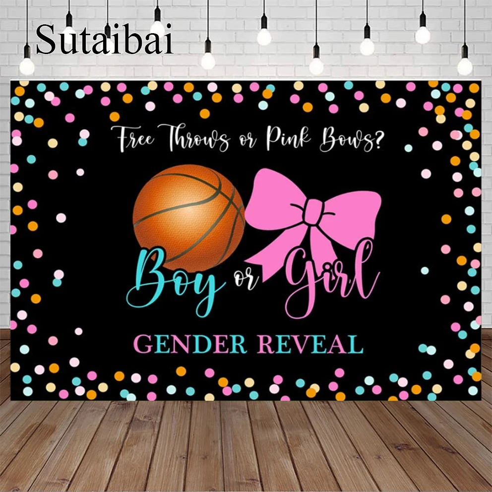 

Free Throws or Pink Bows Gender Reveal Backdrop Blue Pink Basketball Bows Baby Shower Background 7×5ft Boy or Girl He or She