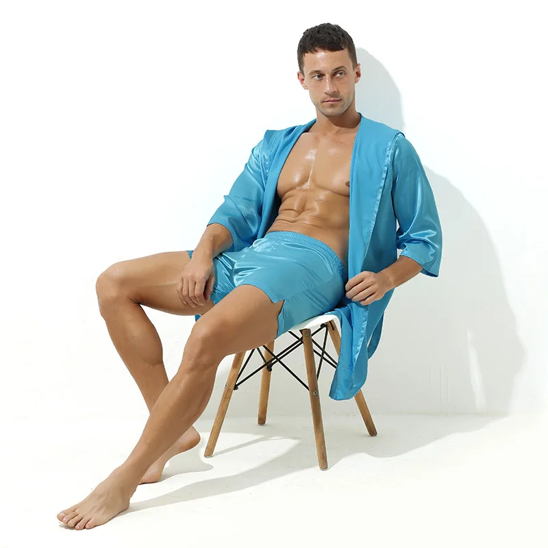 

Icool Couple Bathrobe Solid Color Thin Sexy Men and Women 's Short Sleeve Simple Loose Bathrobe Plus Size Lace-up Pajamas Robes