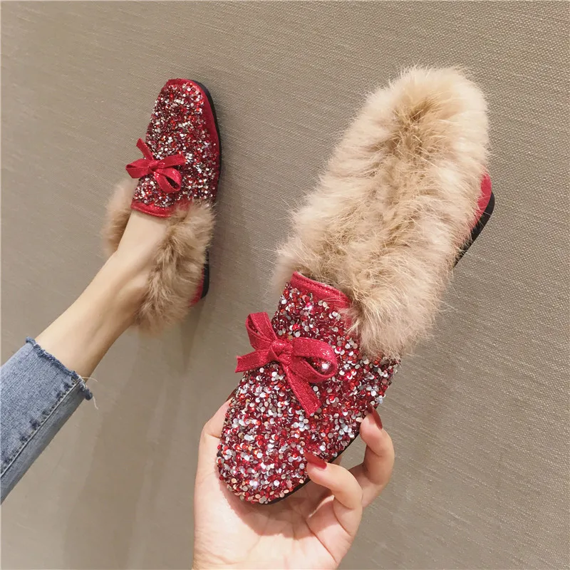 Woman Silver/pink Glitter Fluffy Flats Crystal Bowtie Moccasins Female Fur Loafers 41 Big Size Rabbit Fur Winter Flat Shoes