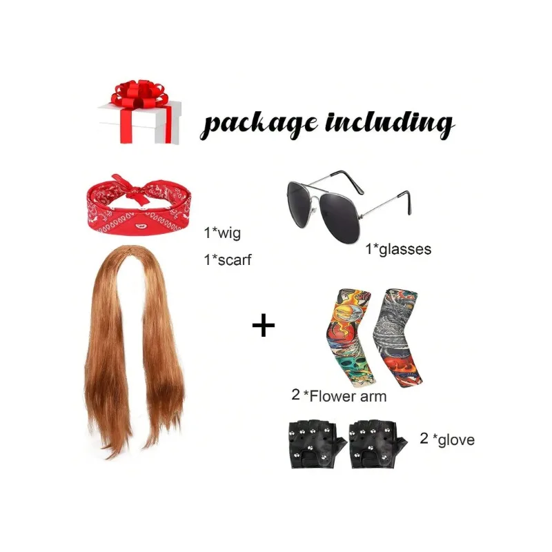 7 шт. 70-х 80-х годов Рокерский костюм Тяжелый металл Парик Мужчины Женщины Хиппи с