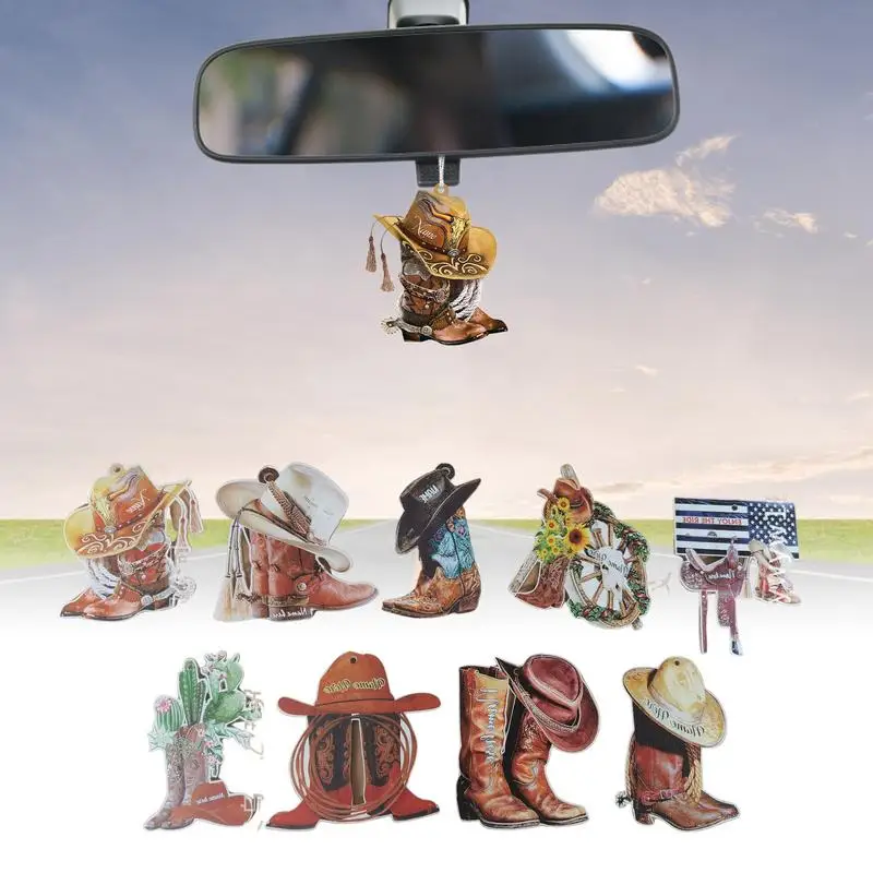 

Car Rear View Mirror Pendant 2D Novelty Boots And Hat Cowboy Hangings Ornament Acrylic Saddle Keychain Hanging Pendants Car