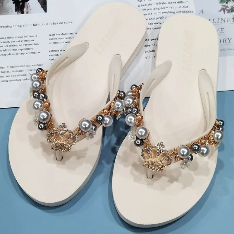 

Summer Women Flip Flops Beach Vacation Slippers Pearls Sides Sandals 1.5 CM Flat With Soft Casual Shoes For Female