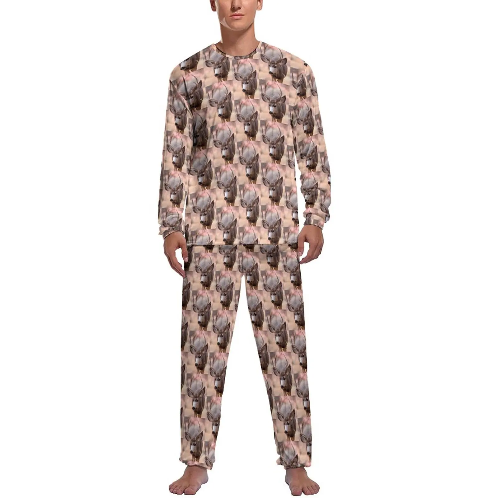 

Mule Deer Antlers Pajamas Spring Animal Print Bedroom Nightwear Man 2 Pieces Custom Long-Sleeve Kawaii Pajamas Set