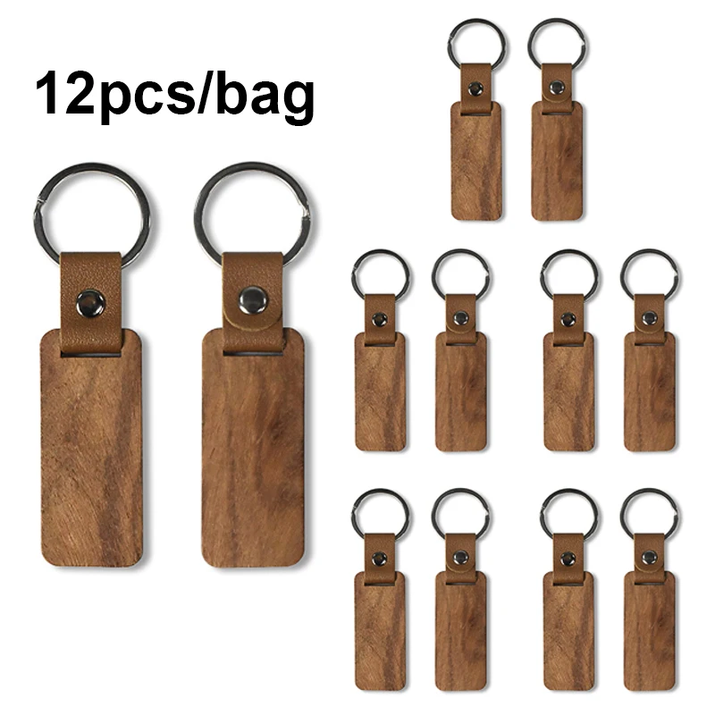 

12pcs Wooden Keychain Rectangular Collectible Key Ring Car Bag Hanging Pendant Painting Crafts Cute Keychain