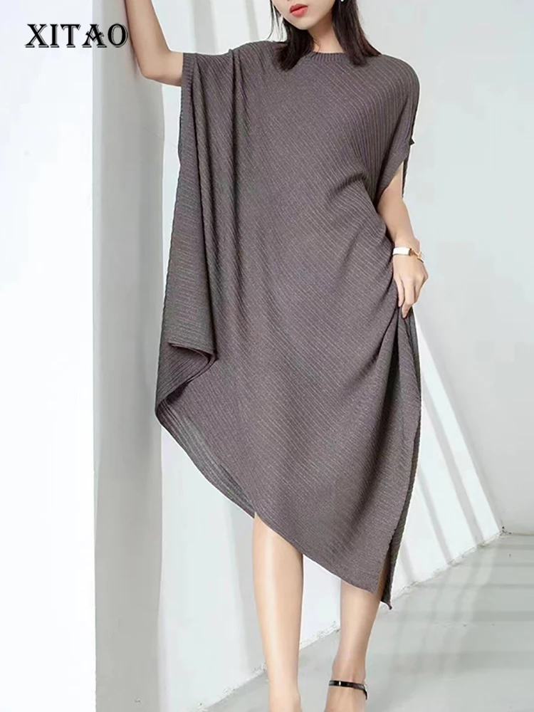 

XITAO Asymmetrical Dress Loose Fashion Knitting Dress Summer New Simplicity Bat Wing Sleeve Solid Color Pullover Women DMJ1094