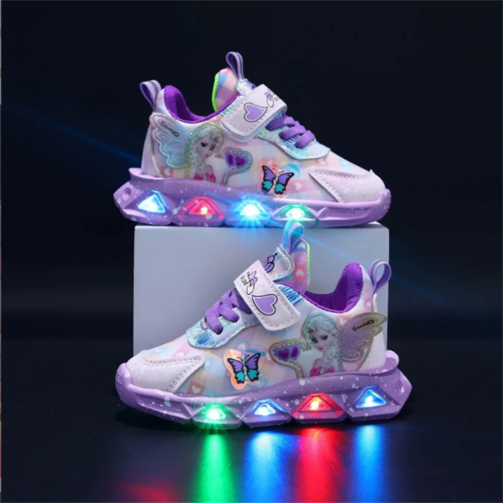 

Disney LED Casual Sneakers For Spring Girls Frozen Elsa Princess Print Pu Leather Shoes Children Lighted Non-slip Pink Purple