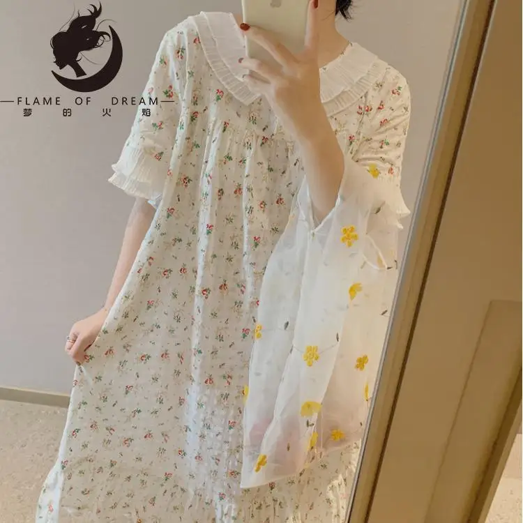 

Flame Of Dream 2022 Soft Girl Nightdress Lovely Girl Floral Thin Home Clothes Nighties For Women 221602