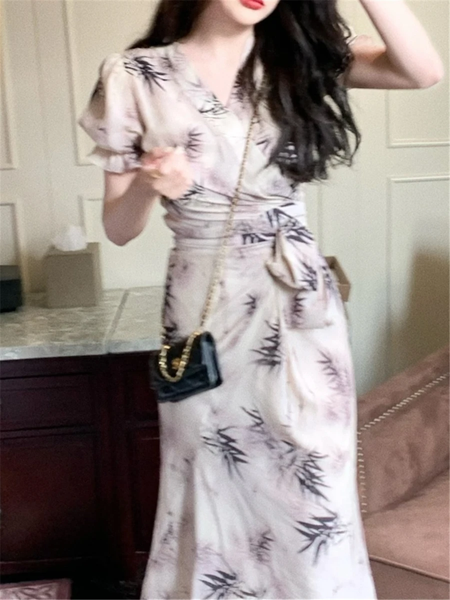 

Summer Women Elegant Vintage Midi Dress 2022 Fashion Lady French Bodycon Print Vestidos Female Clothes