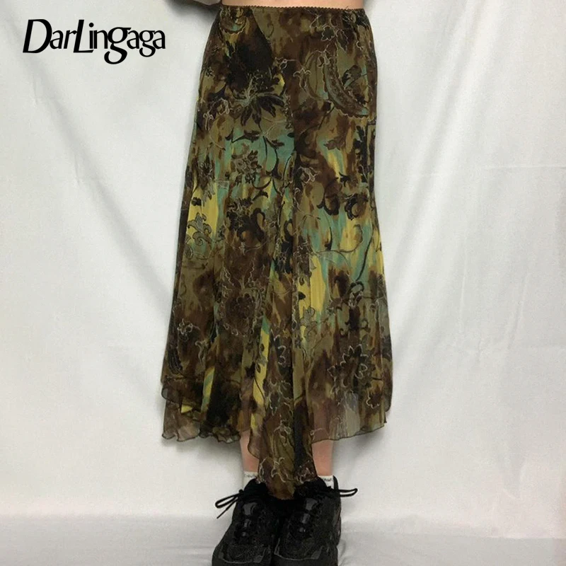 

Darlingaga Grunge Fairycore Print Loose Mesh Skirt Female Y2K Vintage Clothes Irregular Summer Skirts 90s Aesthetic Chic Graphic