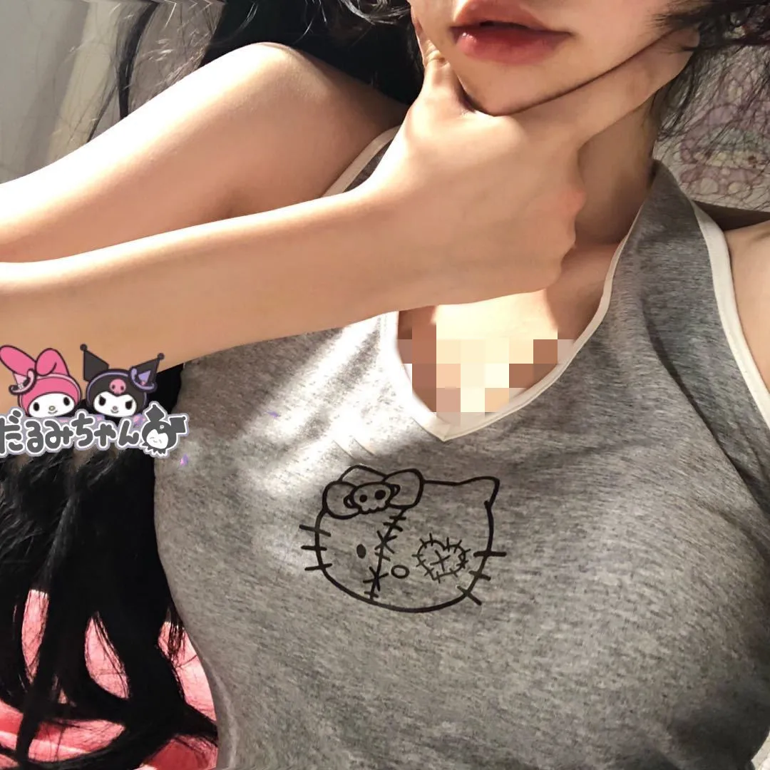 

Женский жилет с коротким рукавом Hello Kitty, откровенный летний пиджак на бретелях с открытой спиной, одежда для девочек