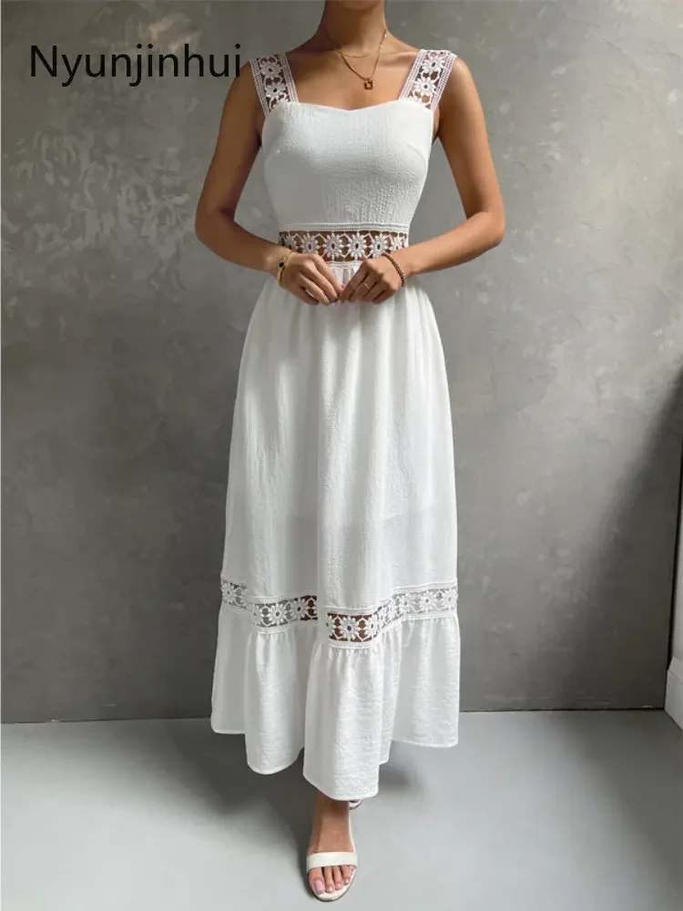 Женское длинное кружевное платье однотонное ТРАПЕЦИЕВИДНОЕ ПЛАТЬЕ с квадратным