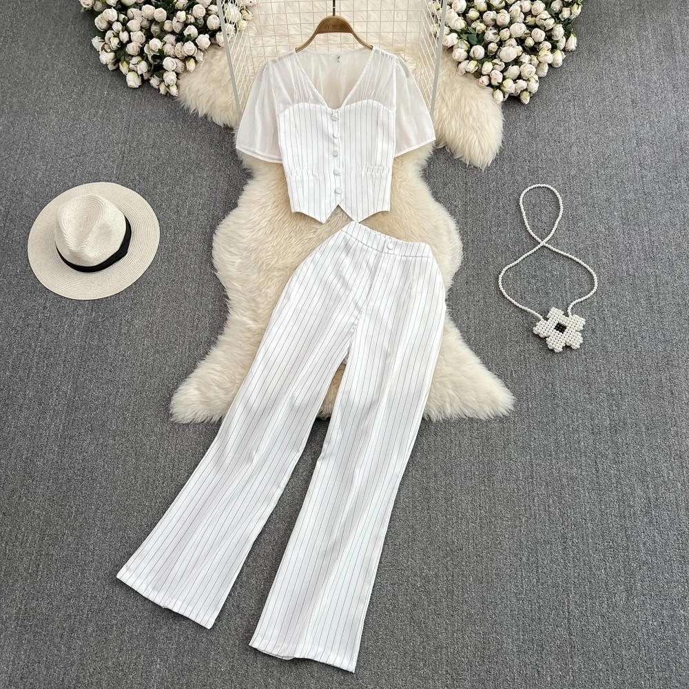 

Женский осенний комплект из 2 предметов, белый прозрачный сетчатый топ в полоску в стиле пэчворк и широкие брюки с высокой талией, офисная од...