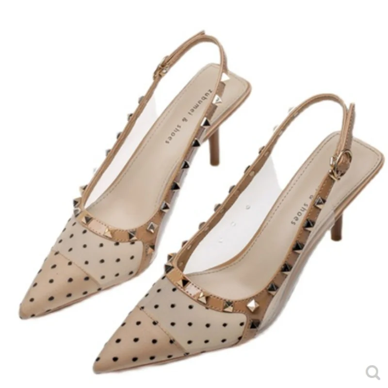 NEW Show Thin Women Sandals Fashion Rivet Back Strap Shallow High Heels Shoes Women's Solid Mesh Pointed Toe Sexy Party Sandals
