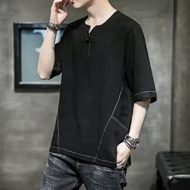 Новинка 2020 мужские топы в китайском стиле льняной костюм Тан с рукавом до локтя