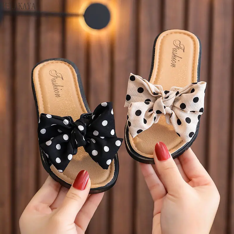 

Korean Style Slipper Outside Non-slip Summer Cute Bowknot Slippers Female Sandals Open Toe Polka Dot Slides Shoes Women Slippers