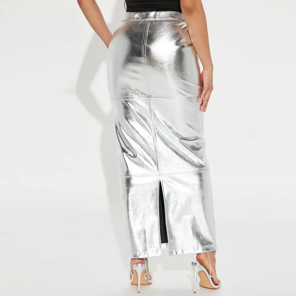 

H-shaped Silhouette Skirt Stylish Women's Faux Leather Maxi Skirt Sleek Split Hem Slim Fit Solid Color Patchwork for Clubwear