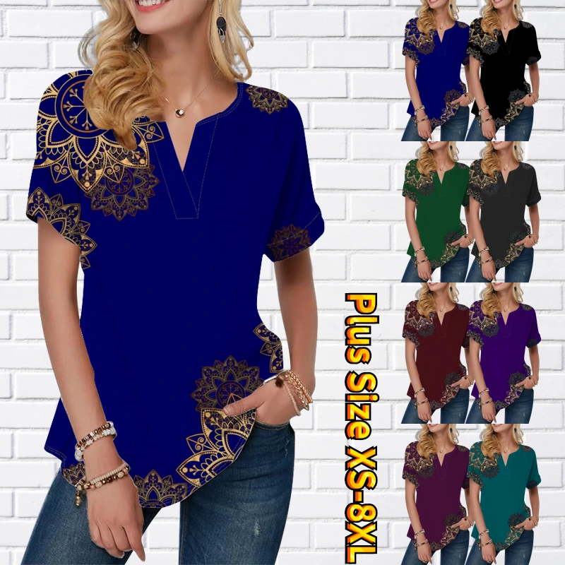 

2023 V-Neck Casual Pullover 3D Printing Short Sleeve Sexy T-shirt Everyday Retro Elegance Tee Shirt Women's Fashion Top XS-8XL