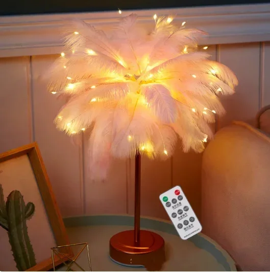 

Настольная лампа с перьями, светодиодная лампа для спальни, ins, прикроватная лампа в форме сердца для девочек, маленький фонарь, праздничный подарок