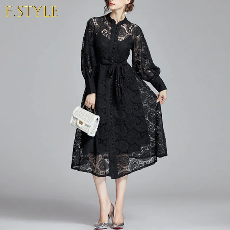 

Женское платье с рукавами-фонариками и поясом, ажурное Бандажное платье миди с высокой талией, женская элегантная повседневная Уличная оде...