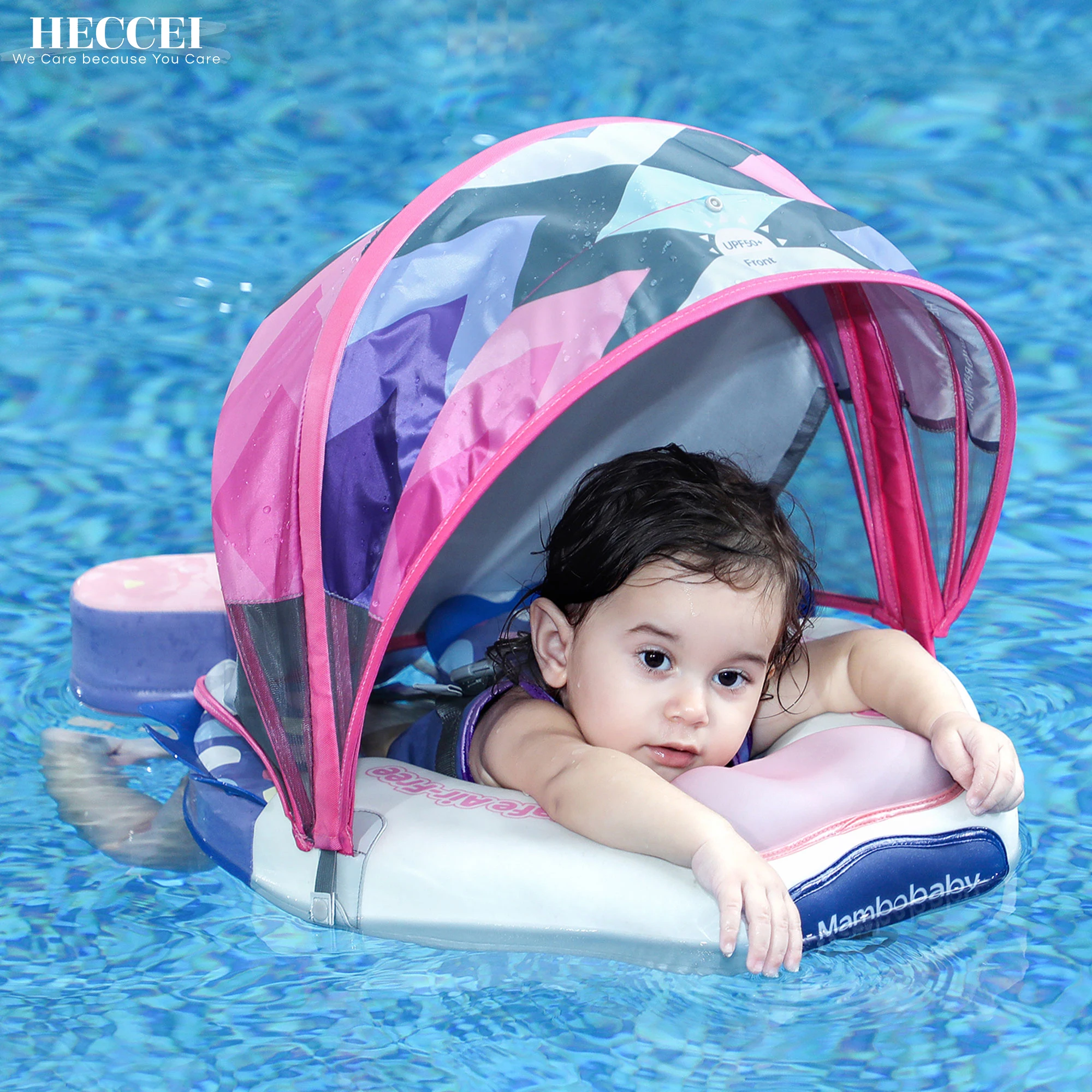 

HECCEI Baby Swimming Float Add Tail Non-inflatable with Canopy Mambobaby Infant Soft Skin-Friendly Swim Ring Toddler Pool Toy