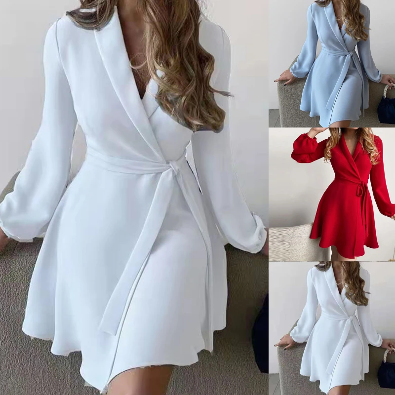 

Plain Surplice Neck Long Sleeve Work Dress V Neck Long Sleeve Mini Dress Casual Wrap Tunic Dress Plus Size Women's Fashion