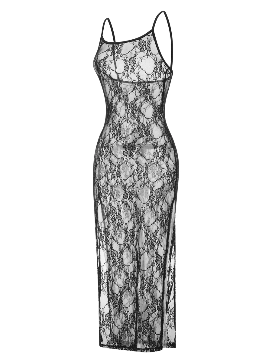 

Vestido longo feminino sexy transparente transparente frente única alças finas colado ao corpo vestido para noite e