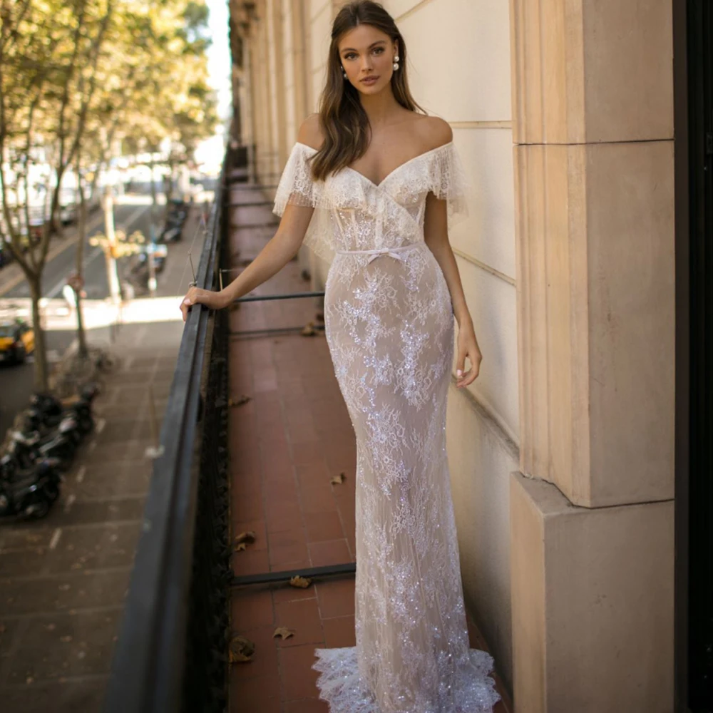 

Modern Wedding Dress V-Neck Off The Shoulder Zipper Backless Bride Gown For Women Trumpet Sweep Train Applique Vestido De Noiva