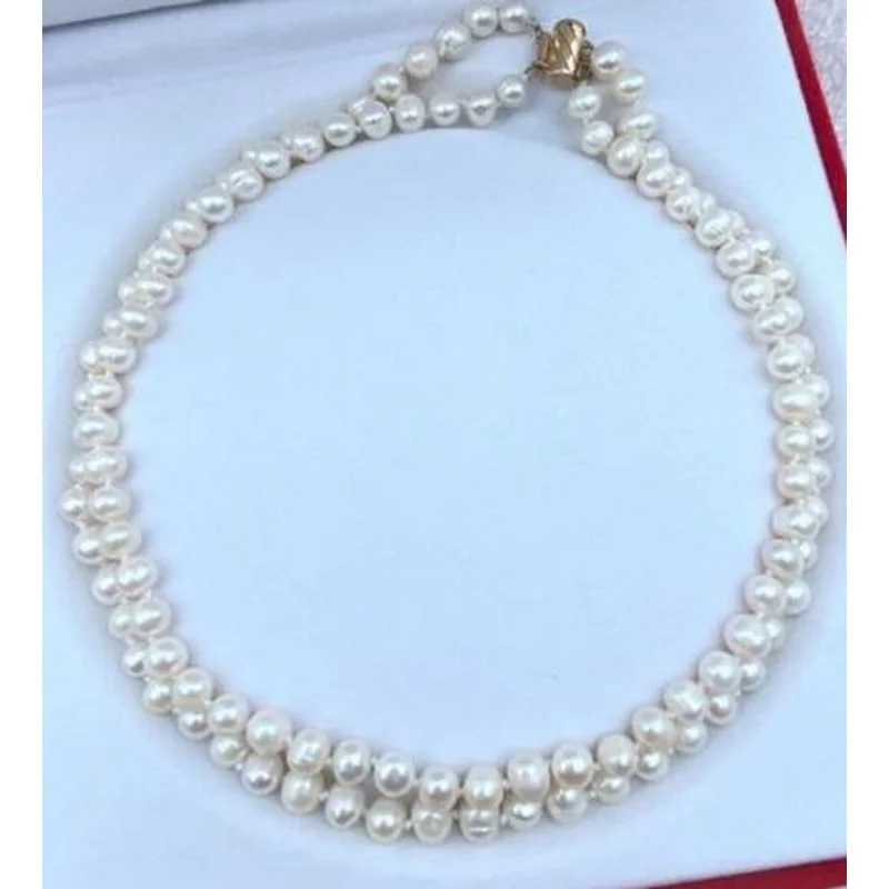 

2 Rows 6-7/8-9mm Genuine Natural White Akoya Cultured Pearl Bead Necklace 18-19"