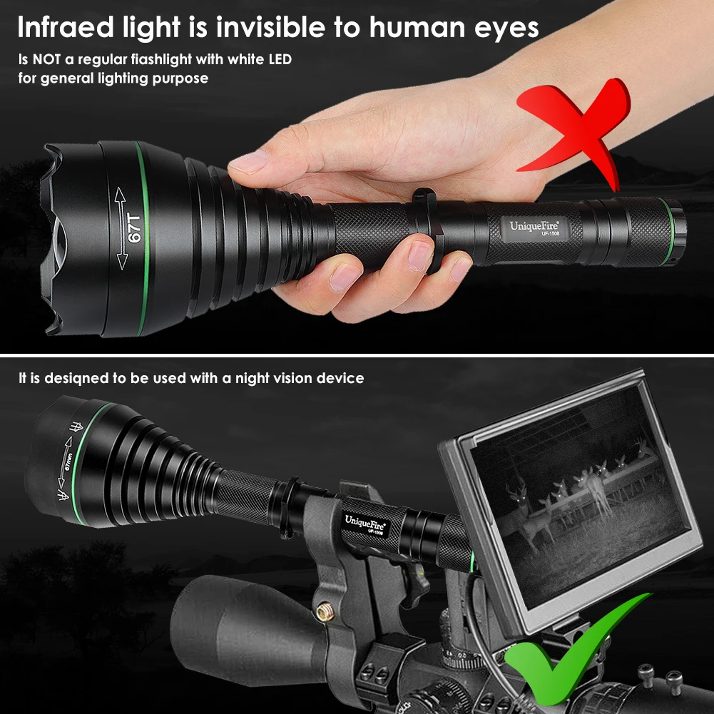 UniqueFire 1508 3W 3 Modes IR 940nm LED Flashlight Night Vision Waterproof Zoomable Tactical 18650 Battery Torch for Hunting enlarge