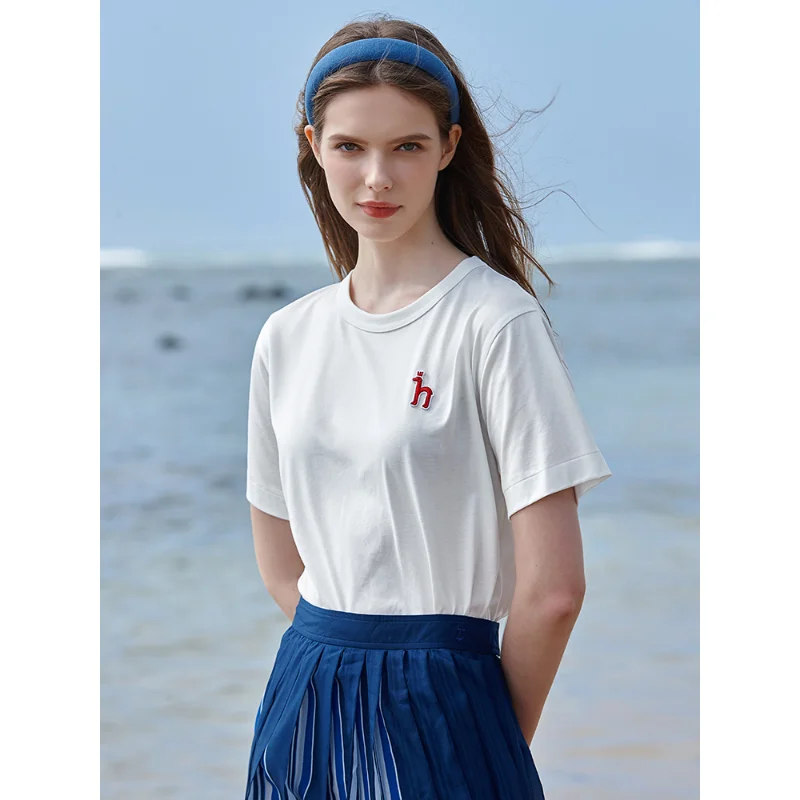 Hazzys brand 2023 summer new business women's casual solid color short-sleeved T-shirt loose white thin section tops comfortable