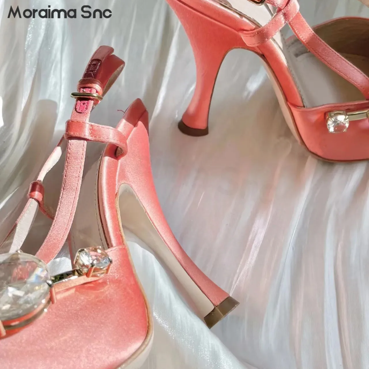 Pink Leather Rhinestone High-Heeled Shoes with Back Empty Fashion Sandals Pointed Toe French Elegant Temperament Ladies' Pumps