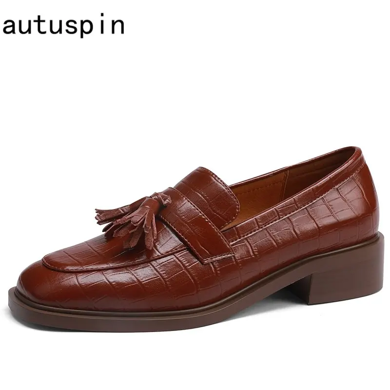 

Autuspin Genuine Leather Women Loafers 2023 Summer Autumn Classic British Style Oxfords Shoes Round Toe Casual Pumps Low Heels