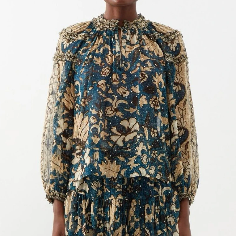 

Женская рубашка с длинным рукавом, Элегантная Шелковая Рубашка темно-зеленого цвета с цветочным принтом, весна-лето