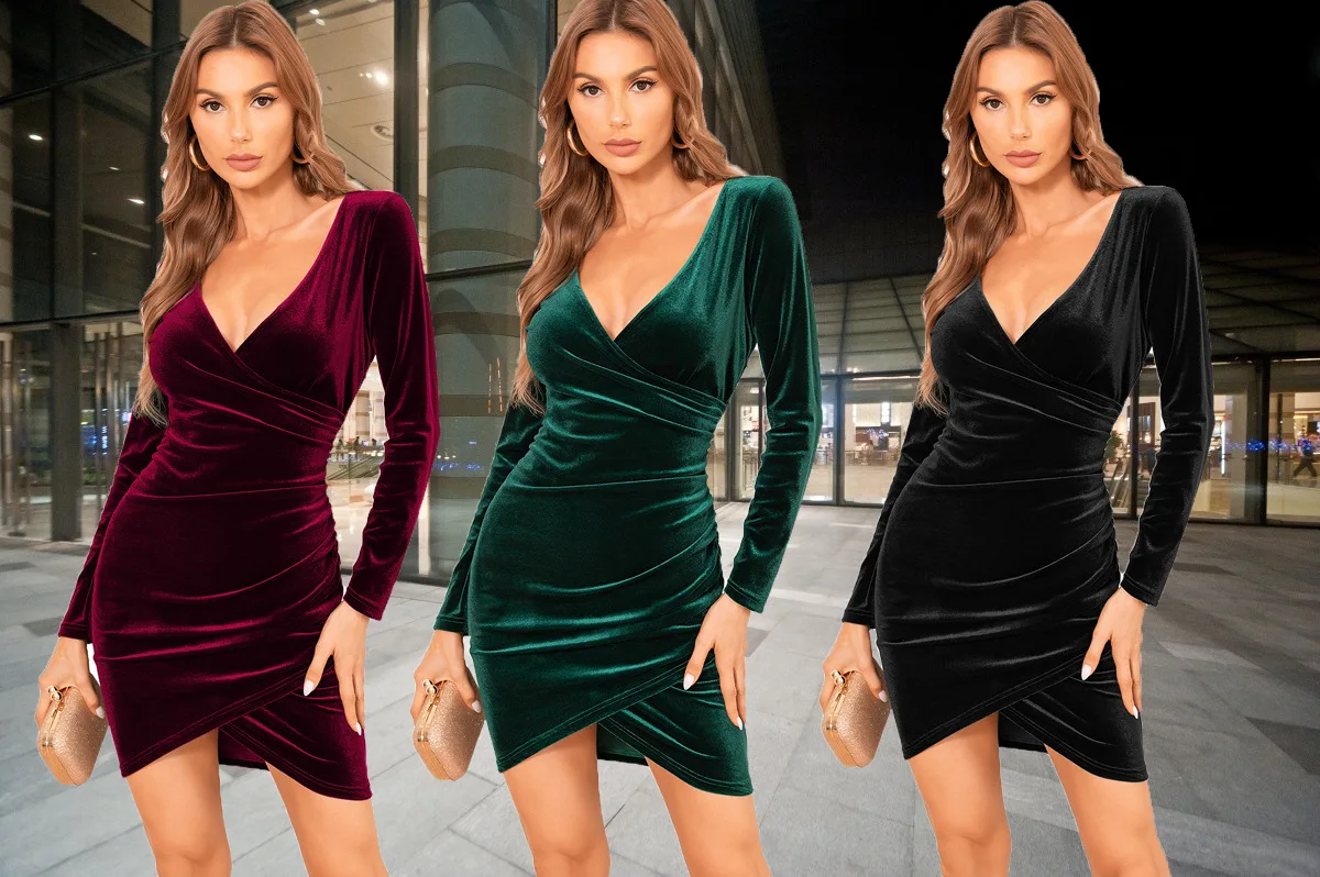 

Elegant Dresses Women Autumn Winter Fashion Velvet Coat Long Sleeve Deep V Neck Solid Dress Sexy Slim Mini Dress Party Clothes