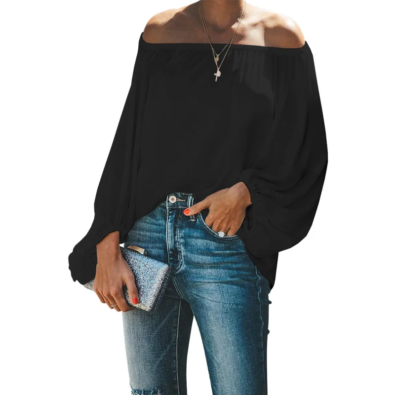 

Spring Women Blouse 2023 Off-shoulder Top Autumn New Slash Neck Simple Solid Sweet Long Lantern Sleeve Loose Solid Shirt 25164