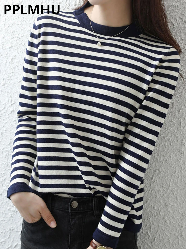 

Classic Knitted Cotton Stripes Sweater Women Casual Loose Bottom Tops Korean Knitwear Jumper Long Sleeve Jersey Spring Pullover
