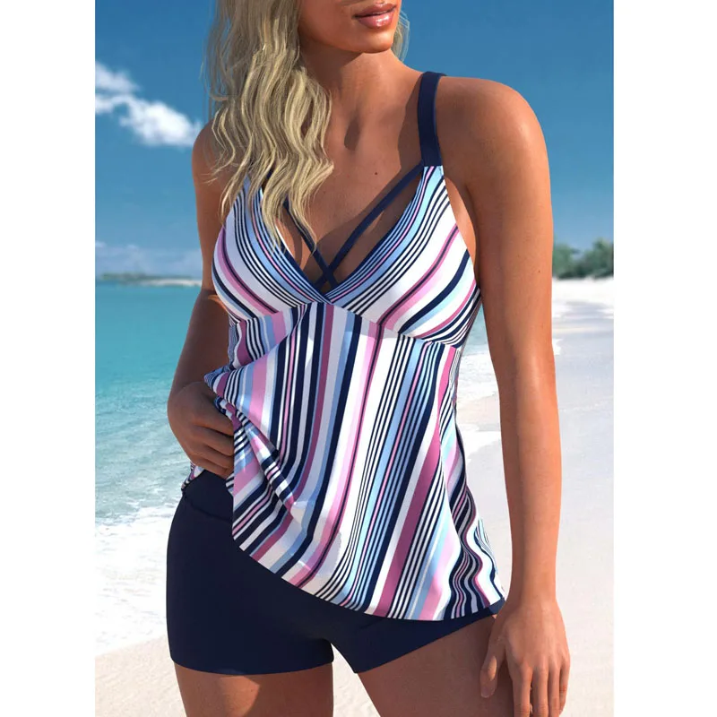 

Новинка 2023, купальник, сексуальный женский купальник-танкини, комплект бикини с принтом в полоску из двух частей, пляжная одежда, купальный костюм, женский летний купальник