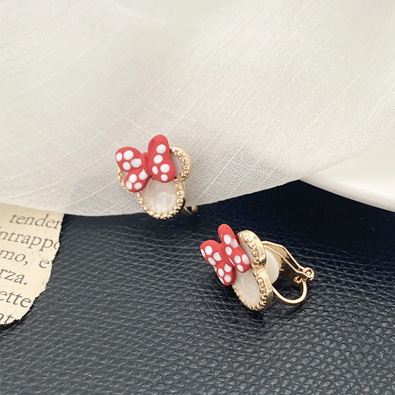 

925 Silver Needle Fashion Bow Mickey Lady Earrings Red Polka Dot Cute Earrings Tide Sweet Girl Heart No Pierced Ear Clip Jewelry