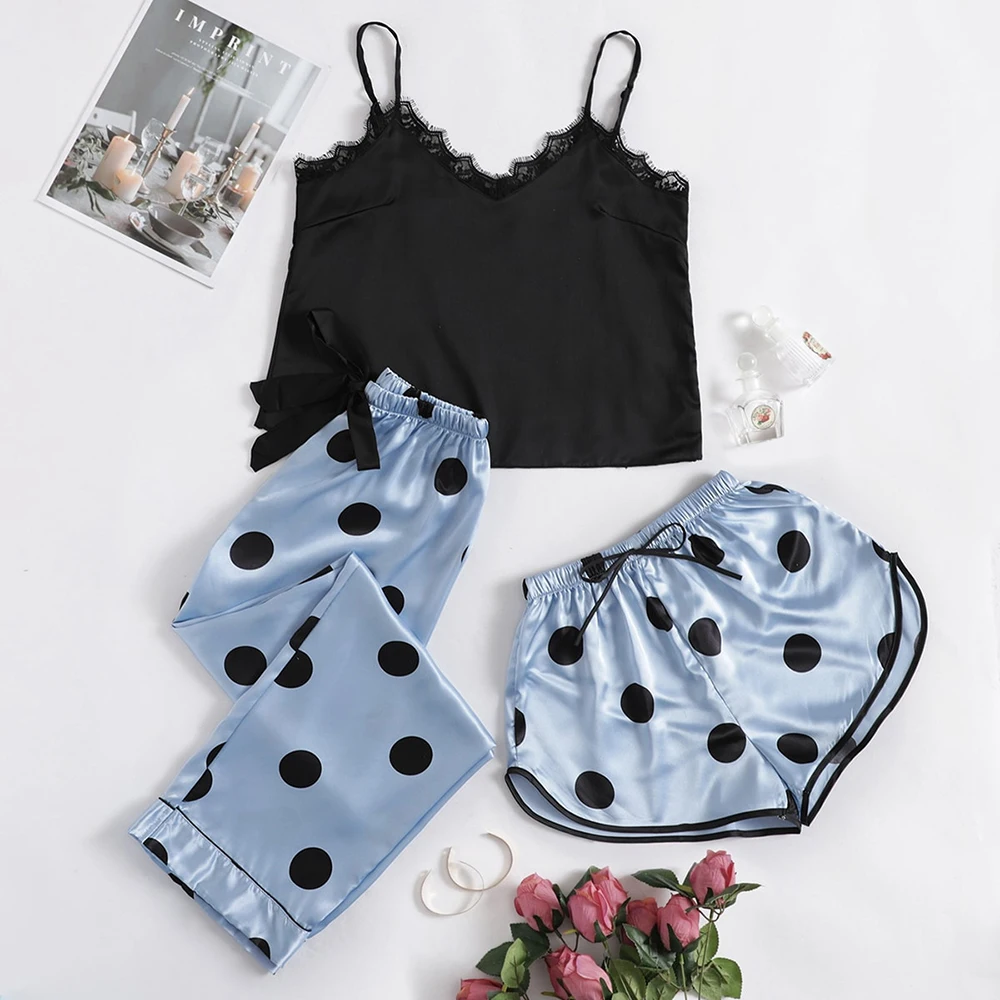 New Sleepwear Lace Edge Sexy Sling Shorts Casual 3PK Women's Soft and Comfortable Silk Homewear Cute Little Dot Sleepwear Set