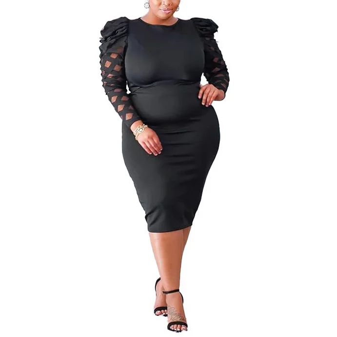 Plus Size Dresses for Women Black Large Bodycon High Waisted Full Sleeve Round Neck Mid Calf Elegant Oversized Autumn Dress Big